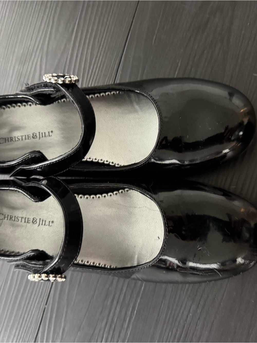 Christie & Jill Black Patent Mary Jane Flats with Crystal Strap